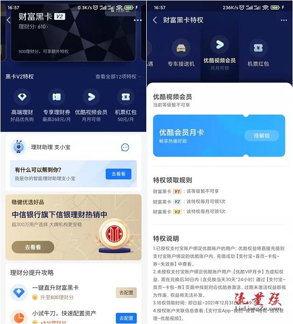 0撸优酷会员月卡 限支付宝财富黑卡2级会员